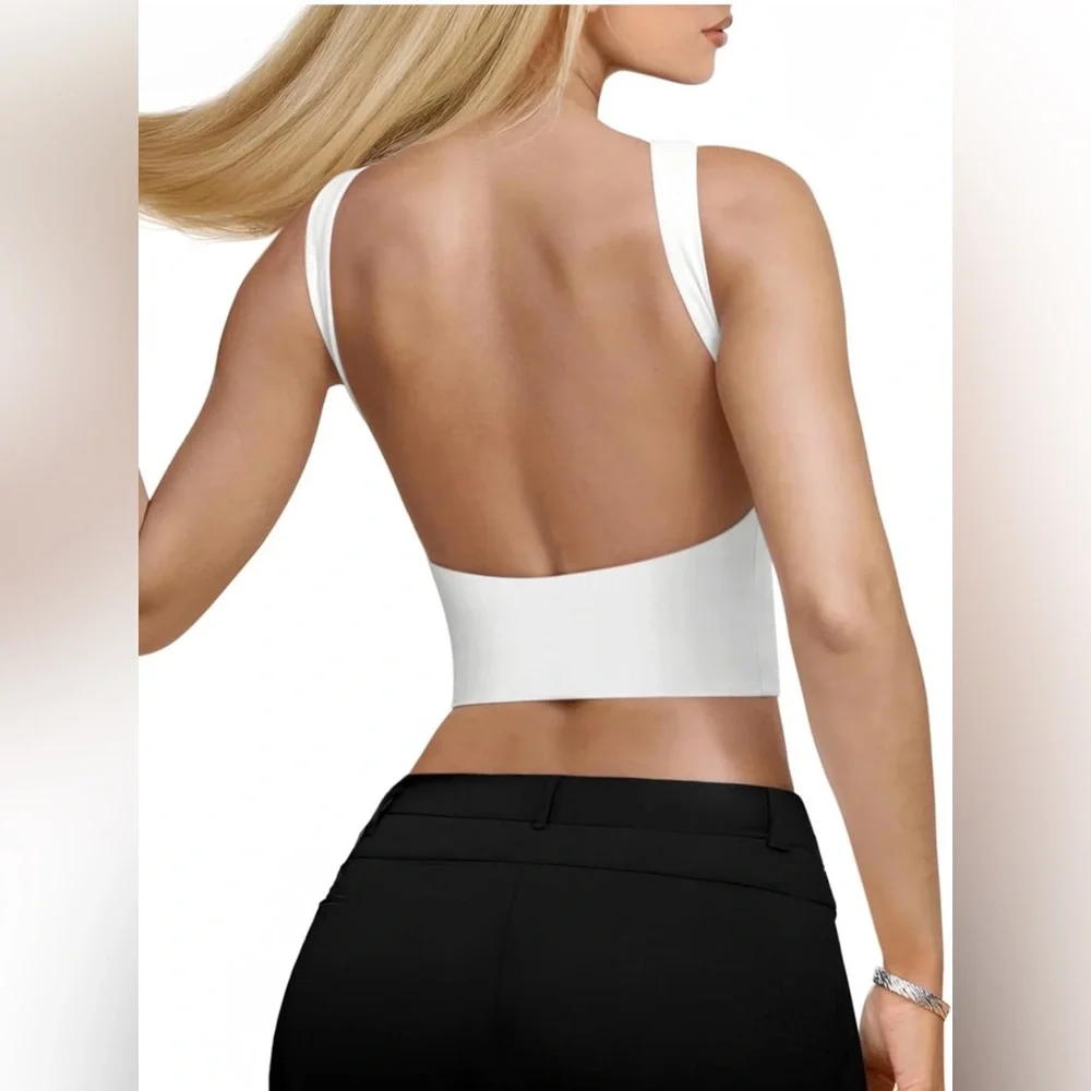 Open Back High Neck Sleeveless Tank White Small - Picture 3 of 9